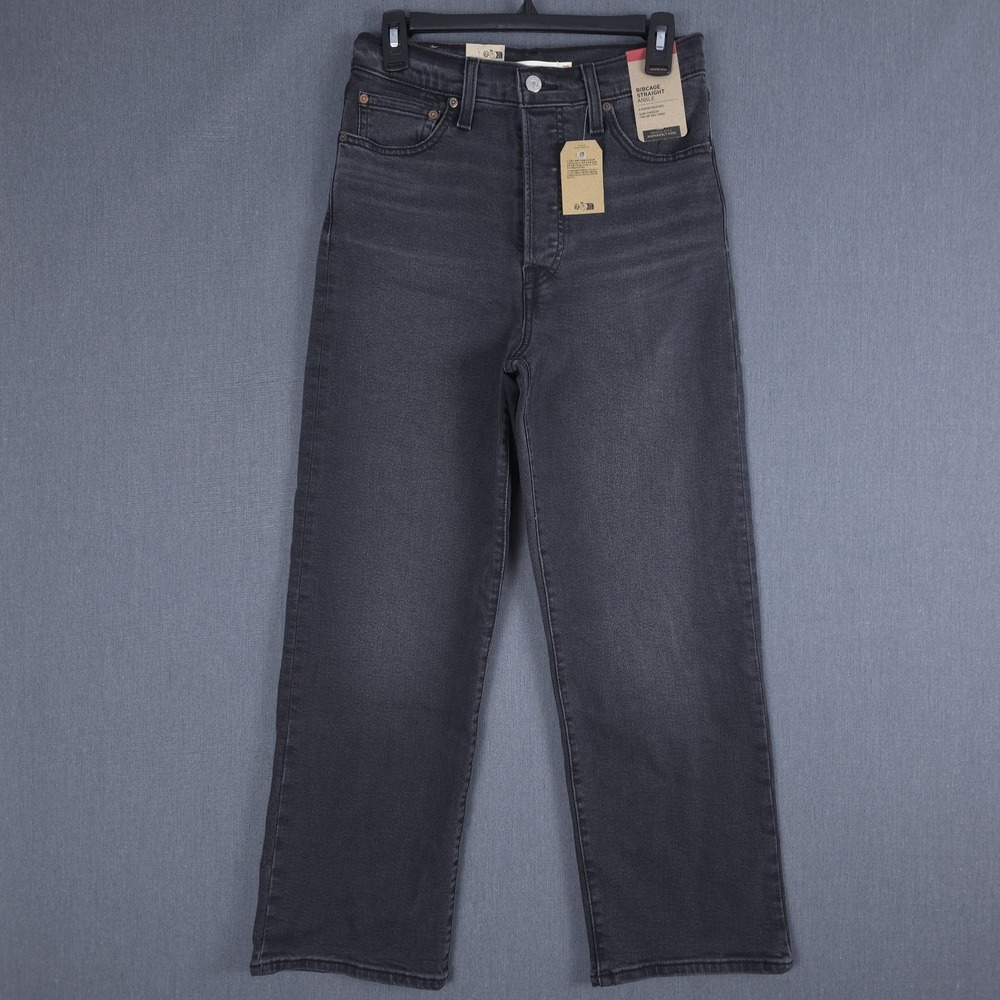 Levis Ribcage Straight Ankle Jeans Womens 28x27 Black Rinse Button Fly Denim New
